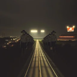 realistic absurd photography, grainy image of a line of eerie Scarecrows dressed in black and white striped referee uniforms who loom high above a highway on way to "ARROWHEAD" stadium in th distance, night, stadium lights, dramatic,