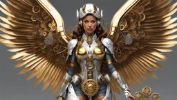 Lady Angel cyborg straddle wings, detailed, intricate,gears cogs cables wires circuits, gold silver chrome copper