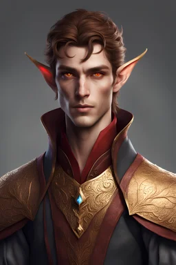 A photo-realistic portrait of a male half elf sorcerer who has some gold coloured scales on of his skin. Wearing a mix of garments relating to both an affluent noble upbringing as well as useful clothing for doing trading. Red eyes. Brown hair. Full body. Confident.