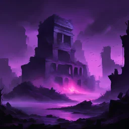 you need to create a picture, its color palette should consist of dark purple and neon colors, it should be the area where the battle just took place there should be debris and ruins on it there should be a light haze and the style should be executed in the form of a drawing