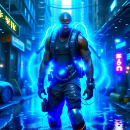 hyper-maximalism (raw), a large bald afro-american muscular cyborg man, extreme cybertech gear, detailed mechanical parts, baggy pants, sneakers, robotic arms, large backpack, cybernetic goggles, reflections, rain, plasma arm cannon blue plasma ball, abstract motion, running attack, looking at viewer, static electricity trail, large water splash, cyberpunk city scene, HDR, vray