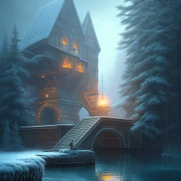 fantasy art, book cover, ranger with an axe in hand, in front of the ebony stairs of a bridge or dam ,icy water