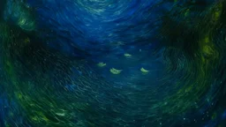 A dark blue underwater abyss with plankton painted by Vincent van Gogh