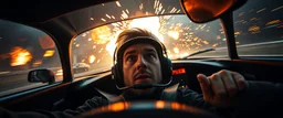 weird perspective worried human race car driver close up portrait of dj pilot looking down on cam, with background in the style of escher and giger, a chill contrapunctus fugue in the style of fsol, beethoven, goa trance breaks, dancefloor drum and bass, burning cars, fire and explosions