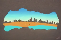 Sunny day, people, rocks, sand, distant modern city, stencil painting