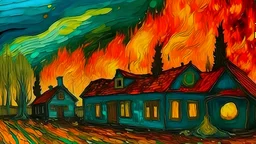 A close-up view of a burning suburban house and destroyed buildings in the colors of Van Gogh's paintings