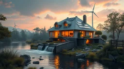 6003. Innovative environmentally-friendly home, solar panels, water wheel in river, alternative energy, wind turbine, scientific experiment, home of the future, fantasy, robotic, magic, automated, spectacular, futuristic, beautiful lighting, attractive composition, photorealistic, extremely detailed, chiaroscuro