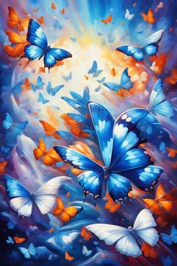 vibrant psychedelic oil painting image, airbrush, 64k, cartoon art image of background SAPPHIRE and WHITE BUTTERFLIES , futurism style