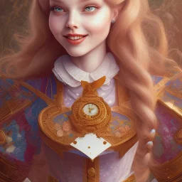 "Alice in the wonderland",dressing Disney style,hairstyle Disney style, detailed eyes, Realistic lighting,elegant,sarcastic smile, by artgerm,Chie Yoshii,Brian Kesinger,Gediminas Pranckevičius,Kilian Eng,reg Rutkowski,diseney