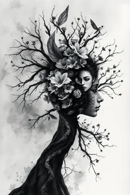 double exposure dry tree with fantasy flowers and profil one fairy face, black and gray watercolor illustration with weet ink, deep dark , surreal, dramatic atmosphere. intricate, stunning textures , mystery. stunning illustration