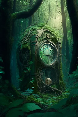 broken time machine in the deep forest covered with vines, realistic