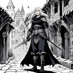 [comics Head Lopper style by Andrew MacLean] She moves with silent grace through the old winding streets of the medieval city, a master of the arts of thieves and illusion. Clad in dark garb that blends seamlessly with the shadows for torches, her eyes gleam with a hunger for novelty and adventure. The city is the playground of her illusions and tricks, its secrets and treasures ripe for the taking. The cobblestone streets echo in the slice of the night; she remains unseen, a phantom slipping t