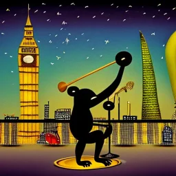 A monkey playing the drums, london skyline at night, in the style of Salvador Dali