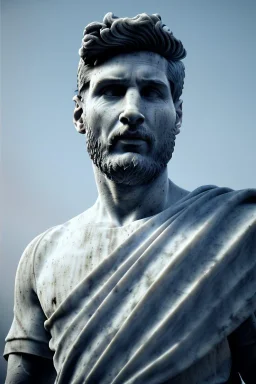 Ultra Realistic image, roman sculpture, deluxe white marble material, Lionel Messi, Laurel leaves wreath, Renaissance style, miguel angel David style, chisel style, emperor, waist up portrait, epic, celestial, cinematic lighting, God light, god rays, 4k resolution, smooth details, ornate details, unreal engine 5, blue vibrant background.