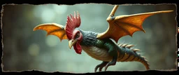 3d airbrush render, elf gremlin dodo punk dragon hen , pinhole cam, airbrush 3d rendering, in the style of Titian , torn edges on border
