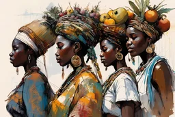 sideview Carne Griffiths, Wadim Kashin, Monge, Pino Daeni, . 6 walking African women carrying fruit baskets on their head sin Africa of a sunset scene within the composition, , Carne Griffiths' detailed ink work with and Njideka Akunyili's concept of perfect form, captured in a highly detailed digital painting, smooth textures, sharp focus, greyscale palette
