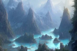 mountain river flows through a fantasy landscape gorge. a big blue lake in the middle of the mountains. fabulous nature, amazing seascape, highly detailed, digital painting, artstation, concept art, smooth, sharp focus, illustration, art by greg rutkowski and alphonse mucha