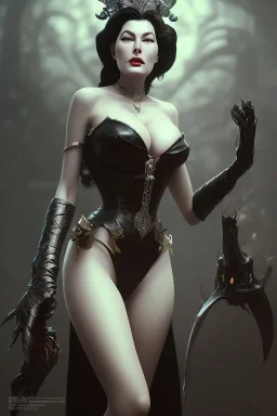 Ava Gardner as evil queen in black leather, busty, cleavage, curvy, angry, stern look. character design by cory loftis, fenghua zhong, ryohei hase, ismail inceoglu and ruan jia. unreal engine 5, artistic lighting, highly detailed, photorealistic, fantasy