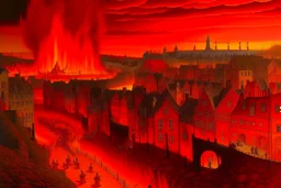 A dark red town with a fiery arena painted by the Limbourg brothers