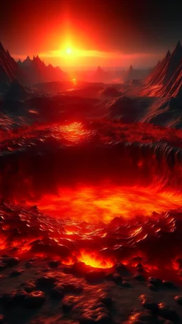 Lava lake in hell with land surrounding it, realistic