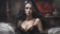 Black Vampire I battle with my demons every day Alone I sit in a dark room! Vampire style Eye candy Alexandra "Sasha" Aleksejevna Luss oil paiting style , subject is a beautiful long hair female in a style sleeping restlessly in his cramped apartment, he sank deep into the world of dream Heart heavy, mind full of worries. Seeking relief for these emit. But I know in my heart, it's nootions,I battle with my demons every day, Internal storm tearing and ripping. But with you, I found a safe haven,