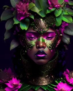 Beautiful young vantablack woman portrait adorned with coleus leaves botanikai headress metallic filigree masque ribbed with green ad pink quartz wearing carnival style rennasance voidcore shamanism costume armour floral embossed Golden filigree organic bio spinal ribbed detail of full floral bloomed background extremely dealed hyperrealistic maximálist concept portrait art