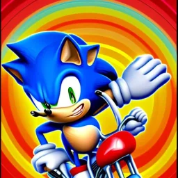 Sonic the hedgehog riding a motorcycle across a rainbow, gay pride