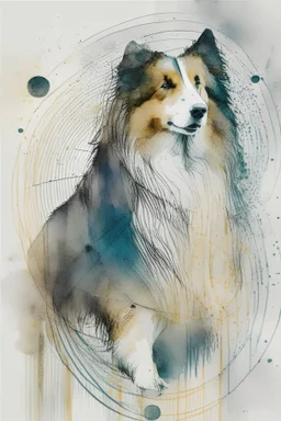 Abstract wet watercolour of a rough collie, ink lines, interlinked circles,
