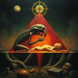 Gnostic embalming geometric injustice, by H.R. Giger and Graham Sutherland and Pawel Kuczynski, neon surrealism, abstract genetic manipulation, quirky, Hieronymus Bosch