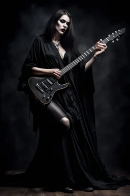 pretty goth girl(dressed in black flowing robes) leaning back while playing electric rock guitar, dark background, photo realism