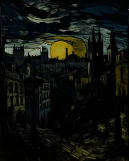 A dark black city near a giant shadow castle painted by Vincent van Gogh