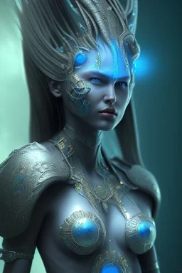 portriate of beautiful blue na'vi warrior, volumetric lighting, particles, intricate detail, realistic, close up