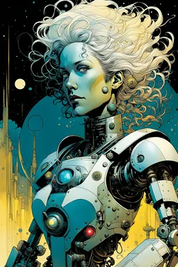 create an ethereal, otherworldly robotic female time traveler , in the comic book art style of Mike Mignola, Bill Sienkiewicz, and Jean Giraud Moebius, with highly detailed mechanical parts and feminine facial features , finely inked , dramatic natural lighting