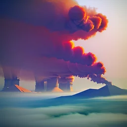 waste system, garbage dump, waste, dump, hill, smoke plumes, clouds, smog, with pollution, double exposure photography, colourful nature, clean sharp focus, on white background, Fractal Geometry buildings, sacred geometry