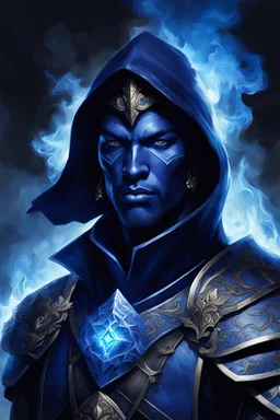 dnd character portrait of a male warlock, dark-blue skin, (armor made of darkness), (blade made of smoke)