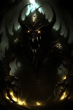 Create an image of a malevolent entity, born from the darkest realms of chaos and fueled by an insatiable thirst for annihilation. Picture a creature with twisted, obsidian-like features, its form a grotesque fusion of shadow and malice. Its eyes, glowing with malevolence, pierce through the abyss, reflecting an eternal hunger for chaos. Massive, jagged wings stretch outward, casting ominous shadows that foretell impending doom. The creature's contorted limbs, adorned with sinister talons