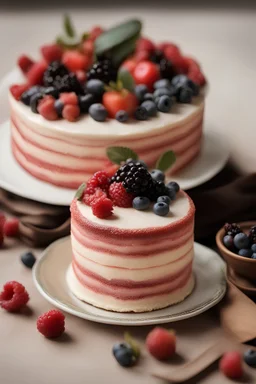 A realistic photo of a cake with berries lying side by side in warm shades
