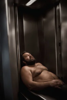 full figure photography of a sicilian man 33 year old man similar to bud spencer chubby muscular bearded sleeping, open mouth, shirtless, manly chest, short beard, long hair, closed eyes, big belly, sitting in a dark elevator, dim top light, completely wet, photorealistic, ambient occlusion , view from the ground