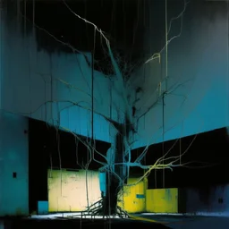 Minimal abstract oil painting of a tree in concrete warehouse brutalist architecture and hanging wires illuminated at night. With triadic colours. In the style of Justin Mortimer and Phil Hale, Ashley Wood