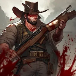 Portrait, bearded, Gunslinger, Cowboy, cowboy hat, serious face, Blood Splatter
