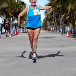  old Sonia Lombardi running a marathon on Miami beach, full body, about to cross the finish line, photo realistic, 8k, realism