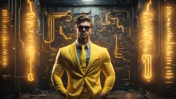 Hyper Realistic handsome muscular Electric-Superhero wearing long-fancy-yellow-tuxedo & fancy-sunglasses in a dark-rustic-circuit-room with electric-sparks & a massive circuit-board-wall