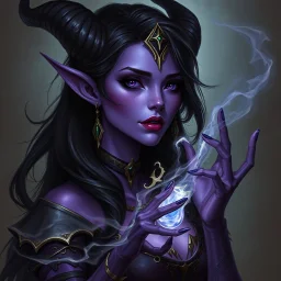 drow elf woman, sorceress, enchantress, dark hair, purple skin, digital art, dark fantasy
