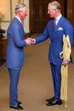 The Prince of Wales in traditional dress shakes hands with a young guest dressed in a blue suit, drawing room of St James's Palace, during a reception