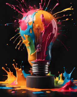 Creative light bulb explodes with colorful paint and splashes on a dark background. Think differently creative idea concept.