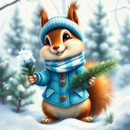 art by cheryl griesbach,carne griffith,anna Dittmann,digital painting, alcohol and ink, disney pixar style, full lenght body seen up to the feet, a very sweetest little very happy smiling young squirrel with big sparkling eyes, wearing bright vivid blue white winter jacket, scarf,wool hat,is holding in one paw a frozen spruce branch,winter park, fir trees, bushes,3d,heartwarming atmosphere