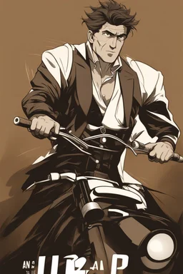 Create the An image of a man drawn in a dynamic style that captures the essence of animation and motion. The artwork showcases the technical and aesthetic details that make it stand out. The character's traits are prominent, and the black color dominates the character, creating a sense of depth and density. The brown background contrasts with the character's features, making them more visible. The character's eye is especially captivating, as it reveals the fine details of the illustration. The