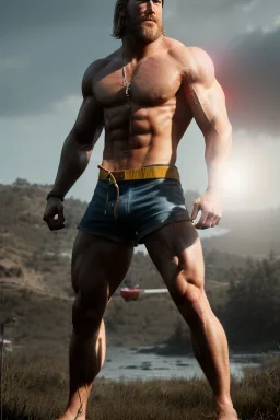 Ignore NSFW, teenager young rugged attractive slightly muscular fantasticly handsome blonde man, red briefs with yellow belt, hairy chest, (((visibly pisssing))) briefs, large erect visible boner peniss, photorealistic, artist Jay Anacleto, soft lighting, scruffy beard