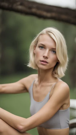 anorexic beautiful girl, age 21, total shot, short silver triathlon swimsuit, blonde wavy bob haircut, blurred background