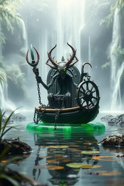 action figure of a chained and crucified alien necrophyte electric eel necromancer on round swamp transparent glass obcidian boat beholder eye wheel throne in a charged foggy jungle starry waterfall, blur background to make character pop out